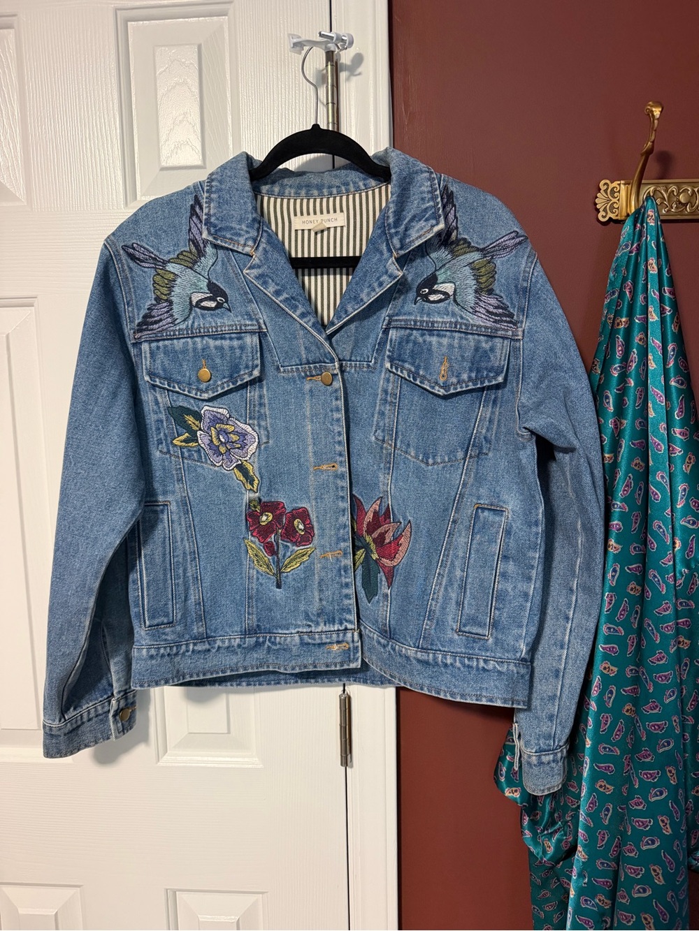 Honey Punch Light Blue Embroidered Denim Jacket with Birds & Flowers